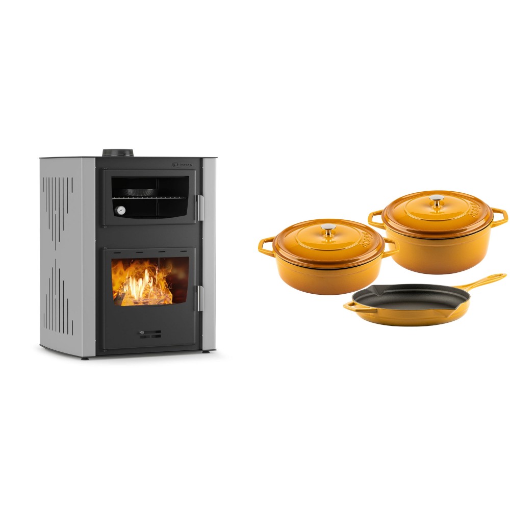 Set Kaminofen, Holzofen Wasserführend mit Backfach Velmora Fire ATS HYDRO ΜΑSΙΝΑ 90-30, 35kW + Gusseisen Topf Set aus 3 teilen Solagio, Dijon