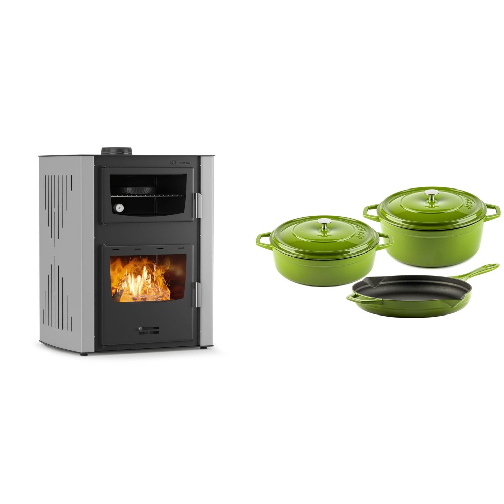 Set Kaminofen, Holzofen Wasserführend mit Backfach Velmora Fire ATS HYDRO ΜΑSΙΝΑ 90-30, 35kW + Gusseisen Topf Set aus 3 teilen Solagio, Bamboo