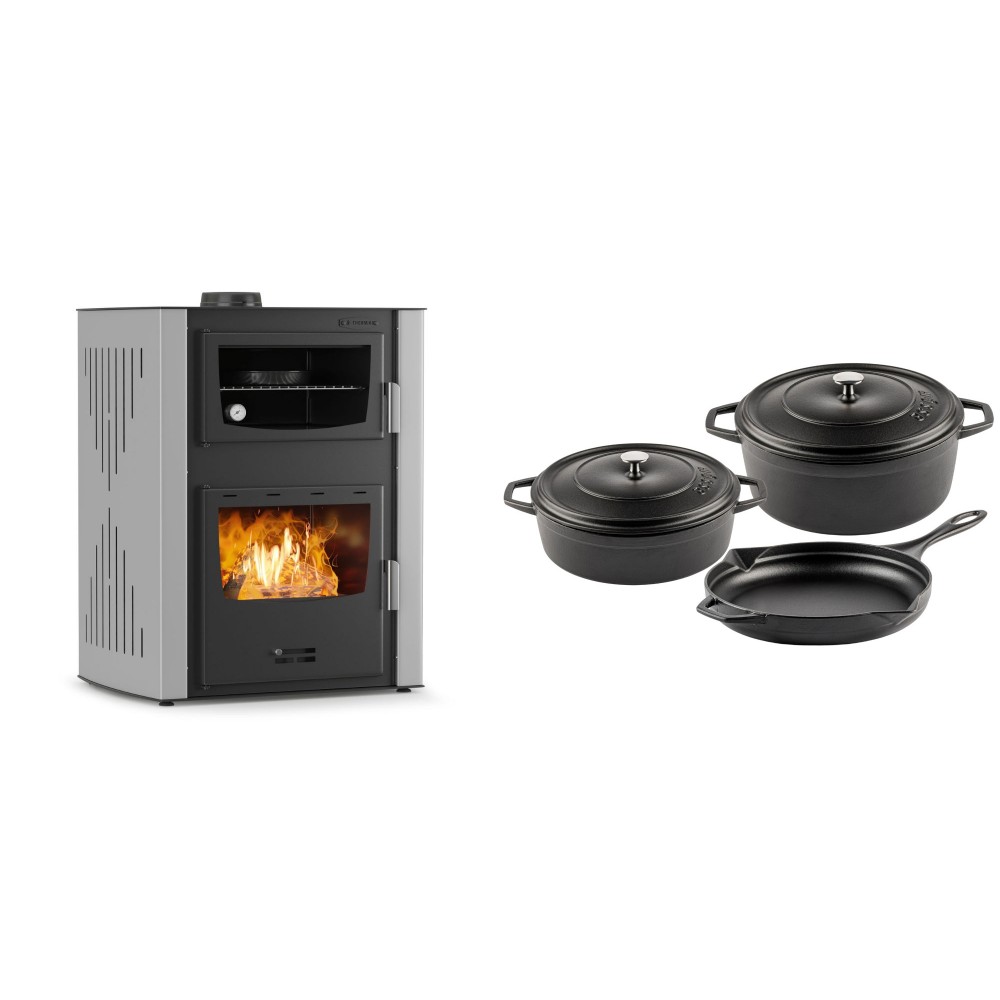 Set Kaminofen, Holzofen Wasserführend mit Backfach Velmora Fire ATS HYDRO ΜΑSΙΝΑ 90-30, 35kW + Gusseisen Topf Set aus 3 teilen Solagio, Black Onyx | Holzofen | Kaminofen |