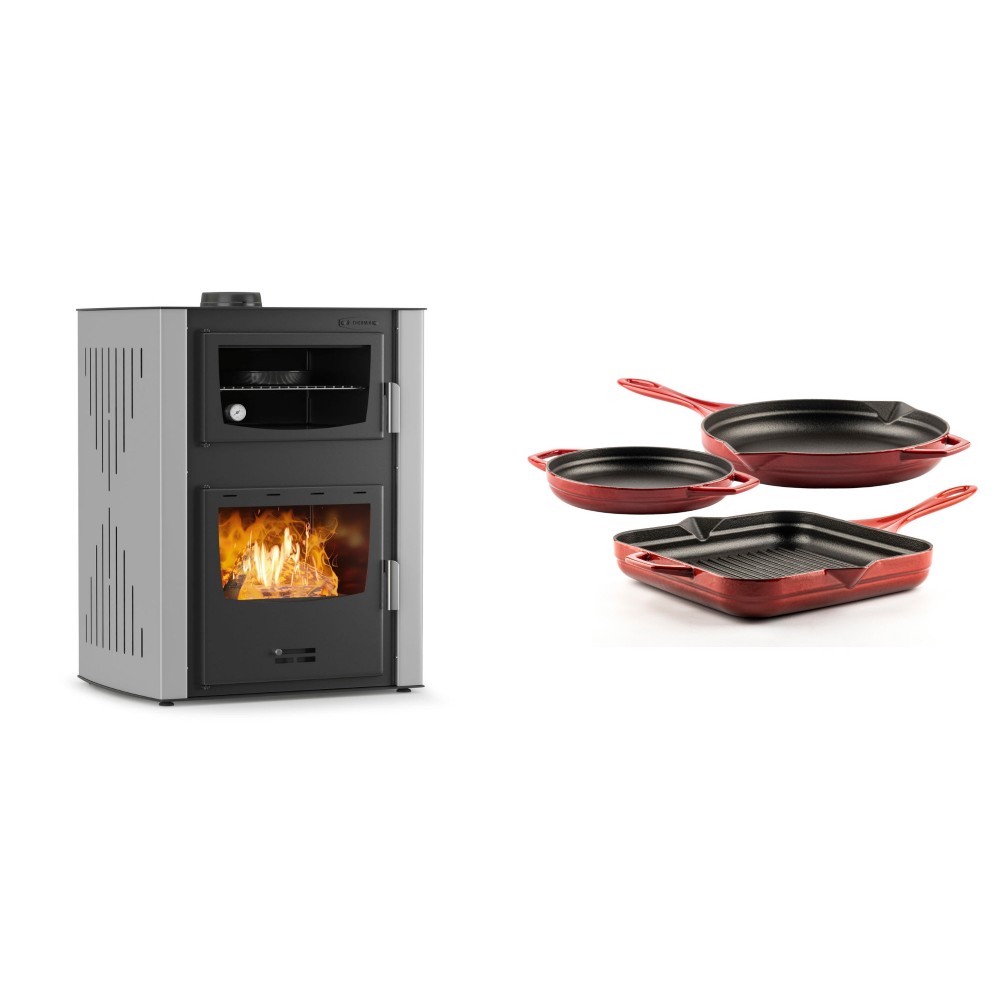 Set Kaminofen, Holzofen Wasserführend mit Backfach Velmora Fire ATS HYDRO ΜΑSΙΝΑ 90-30, 35kW + Gusseisen Topf Set aus 3 teilen Solagio, Rubin | Holzofen | Kaminofen |