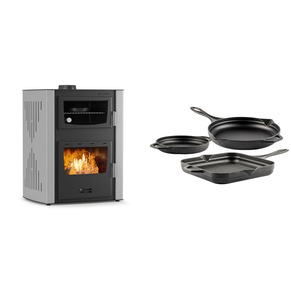 Set Kaminofen, Holzofen Wasserführend mit Backfach Velmora Fire ATS HYDRO ΜΑSΙΝΑ 90-30, 35kW + Gusseisen Topf Set aus 3 teilen Solagio, Black Onyx