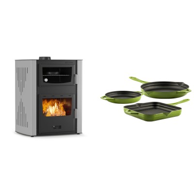 Set Kaminofen, Holzofen Wasserführend mit Backfach Velmora Fire ATS HYDRO ΜΑSΙΝΑ 90-30, 35kW + Gusseisen Topf Set aus 3 teilen Solagio, Bamboo - Kaminofen - Holzofen mit Backfach