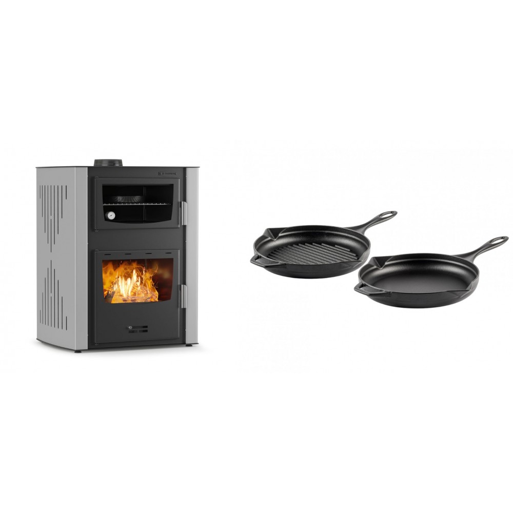 Set Kaminofen, Holzofen Wasserführend mit Backfach Velmora Fire ATS HYDRO ΜΑSΙΝΑ 90-30, 35kW + Gusseisen Topf Set aus 2 teilen Solagio, Black Onyx