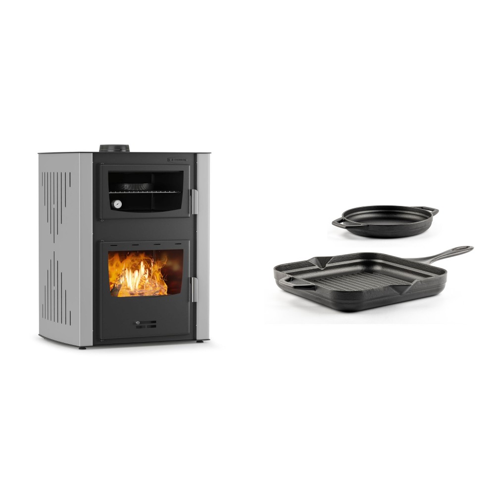 Set Kaminofen, Holzofen Wasserführend mit Backfach Velmora Fire ATS HYDRO ΜΑSΙΝΑ 90-30, 35kW + Gusseisen Topf Set aus 2 teilen Solagio, Black Onyx | Holzofen | Kaminofen |