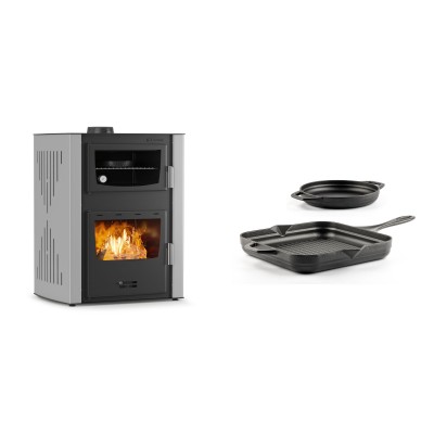 Set Kaminofen, Holzofen Wasserführend mit Backfach Velmora Fire ATS HYDRO ΜΑSΙΝΑ 90-30, 35kW + Gusseisen Topf Set aus 2 teilen Solagio, Black Onyx - Kaminofen - Holzofen mit Backfach