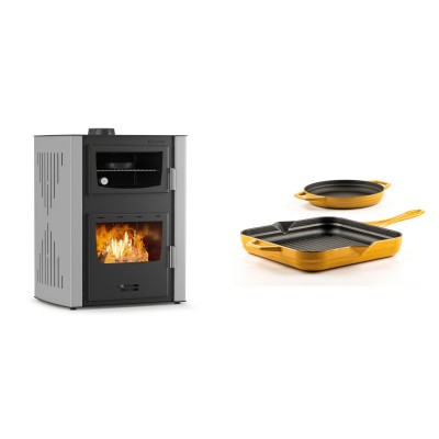 Set Kaminofen, Holzofen Wasserführend mit Backfach Velmora Fire ATS HYDRO ΜΑSΙΝΑ 90-30, 35kW + Gusseisen Topf Set aus 2 teilen Solagio, Dijon - Kaminofen - Holzofen mit Backfach