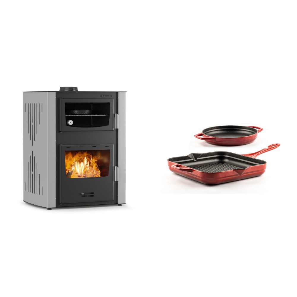 Set Kaminofen, Holzofen Wasserführend mit Backfach Velmora Fire ATS HYDRO ΜΑSΙΝΑ 90-30, 35kW + Gusseisen Topf Set aus 2 teilen Solagio, Rubin