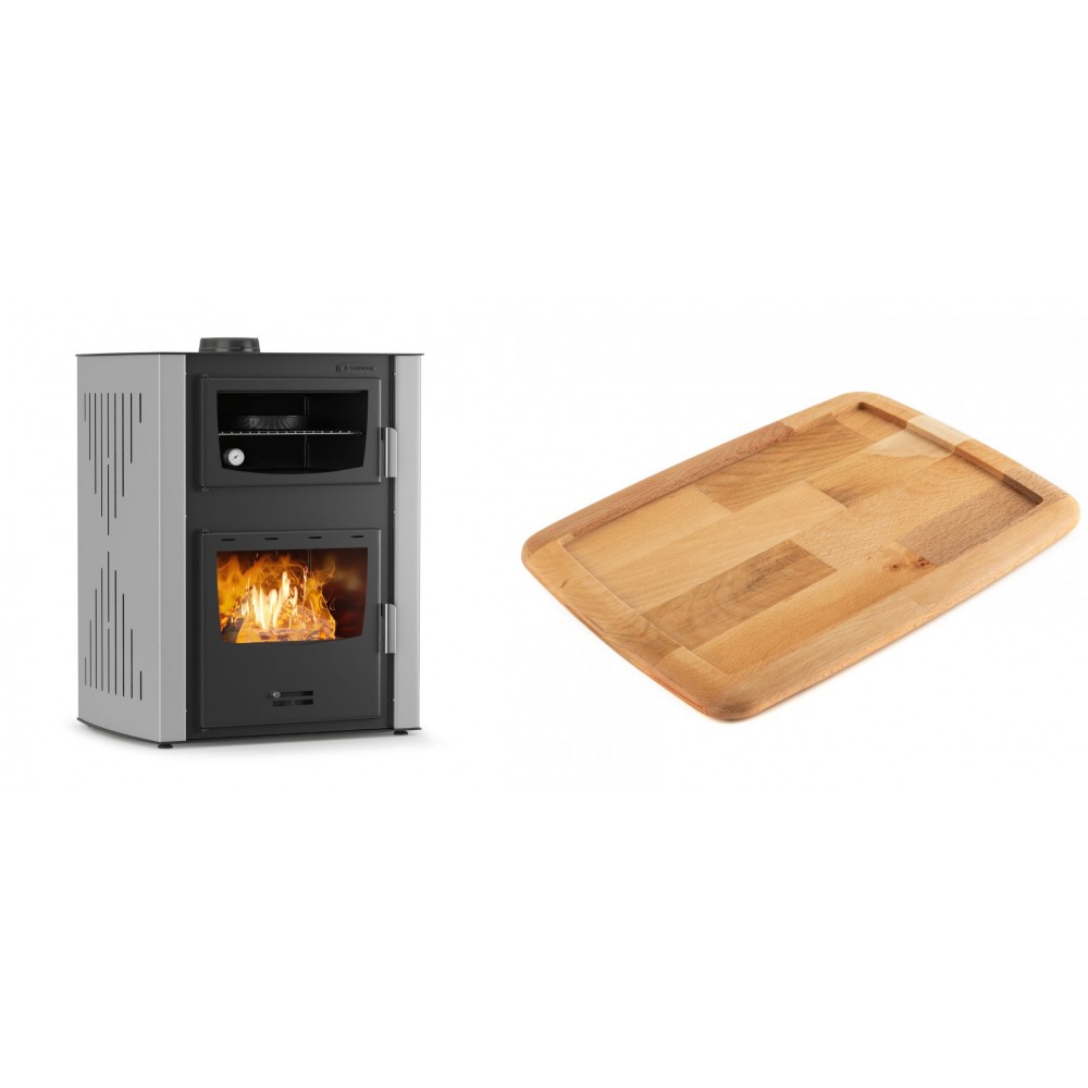 Set Kaminofen, Holzofen Wasserführend mit Backfach Velmora Fire ATS HYDRO ΜΑSΙΝΑ 90-30, 35kW + Holz untersetzer für gusseisenplatte Solagio HSST2131
