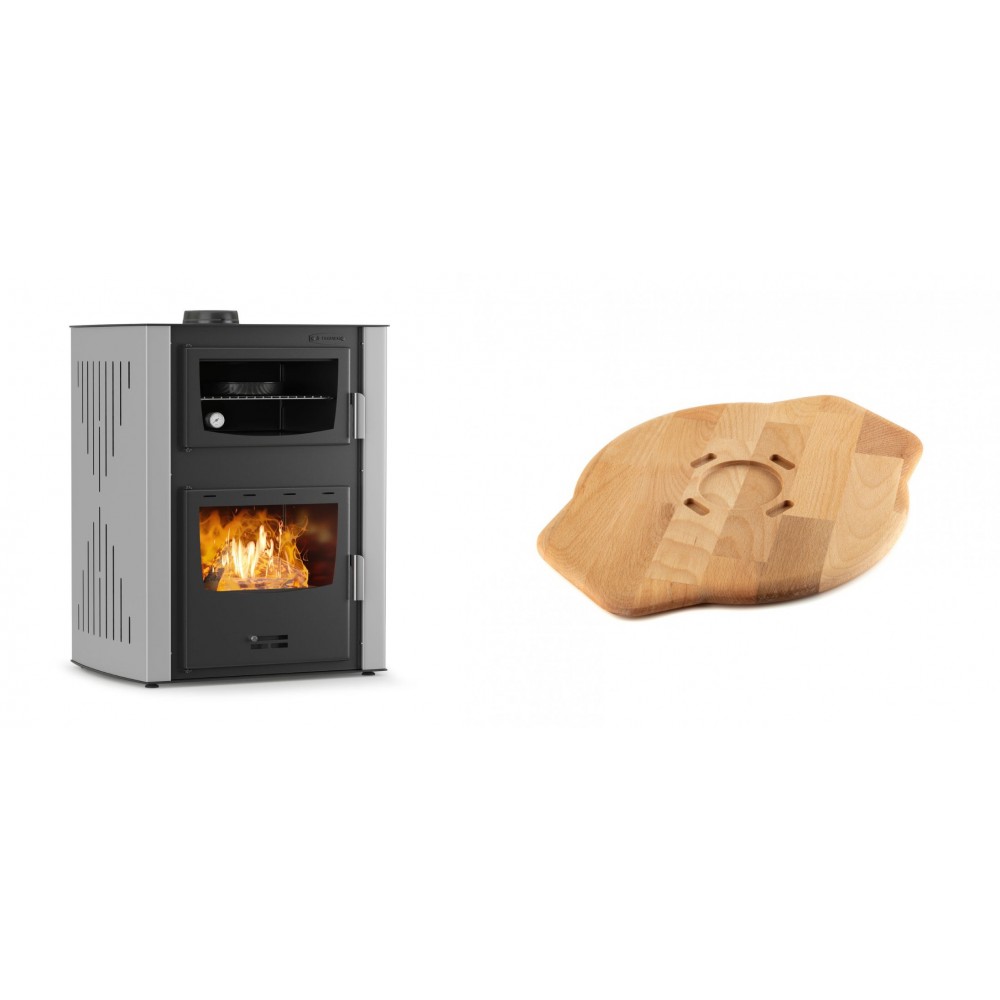 Set Kaminofen, Holzofen Wasserführend mit Backfach Velmora Fire ATS HYDRO ΜΑSΙΝΑ 90-30, 35kW + Holz untersetzer für Gusseisenplatte Solagio HSYSAK28