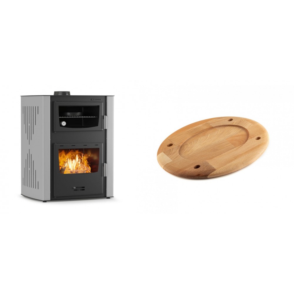 Set Kaminofen, Holzofen Wasserführend mit Backfach Velmora Fire ATS HYDRO ΜΑSΙΝΑ 90-30, 35kW + Holz untersetzer für ovale platte Solagio HSOISK2533, 25x33cm