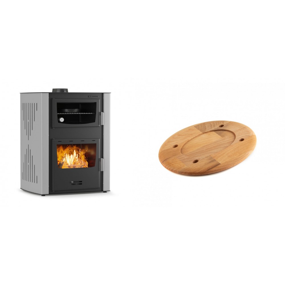 Set Kaminofen, Holzofen Wasserführend mit Backfach Velmora Fire ATS HYDRO ΜΑSΙΝΑ 90-30, 35kW + Holz untersetzer für ovale platte Solagio HSOISK1728, 17x28cm