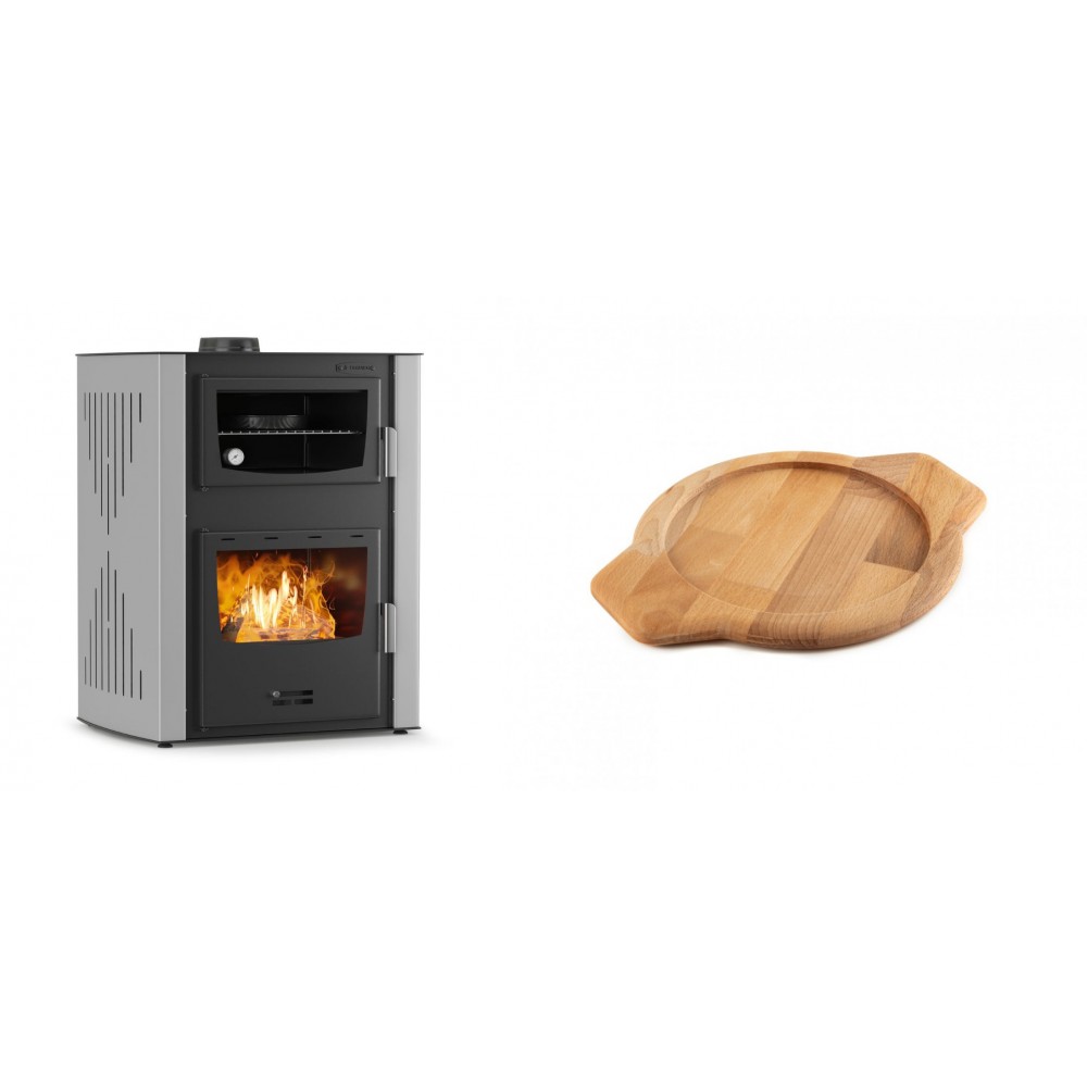 Set Kaminofen, Holzofen Wasserführend mit Backfach Velmora Fire ATS HYDRO ΜΑSΙΝΑ 90-30, 35kW + Holz untersetzer für gusseisenschüssel Solagio HSYKTV22 | Holzofen | Kaminofen |