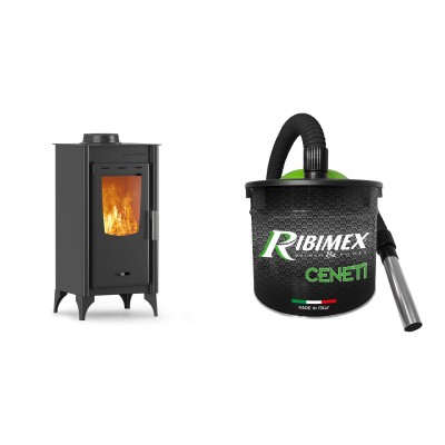 Set Kaminofen, Holzofen Velmora Fire ATS 75-10, 7.14kW + Elektrischer Aschesauger Ribimex, Modell Cenetì, Fassungsvermögen 15 L - Holzofen