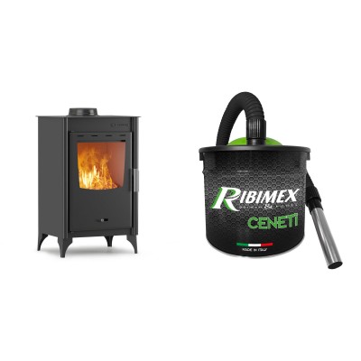 Set Kaminofen, Holzofen Velmora Fire ATS 75-20, 7.91kW + Elektrischer Aschesauger Ribimex, Modell Cenetì, Fassungsvermögen 15 L - Holzofen