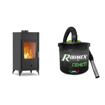 Set Kaminofen, Holzofen Velmora Fire ATS 90-10, 12.12kW + Elektrischer Aschesauger Ribimex, Modell Cenetì, Fassungsvermögen 15 L - Holzofen