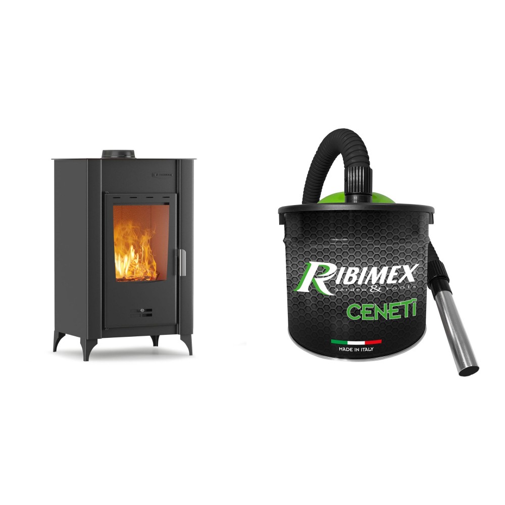 Set Kaminofen, Holzofen Velmora Fire ATS 90-20, 16.02kW + Elektrischer Aschesauger Ribimex, Modell Cenetì, Fassungsvermögen 15 L
