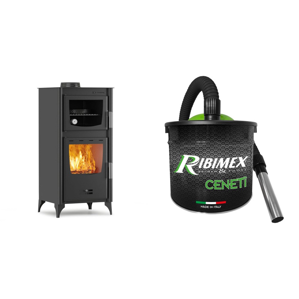 Set Kaminofen, Holzofen mit Backfach Velmora Fire ATS 90-25 ΜΑSΙΝΑ, 12.04kW + Elektrischer Aschesauger Ribimex, Modell Cenetì, Fassungsvermögen 15 L