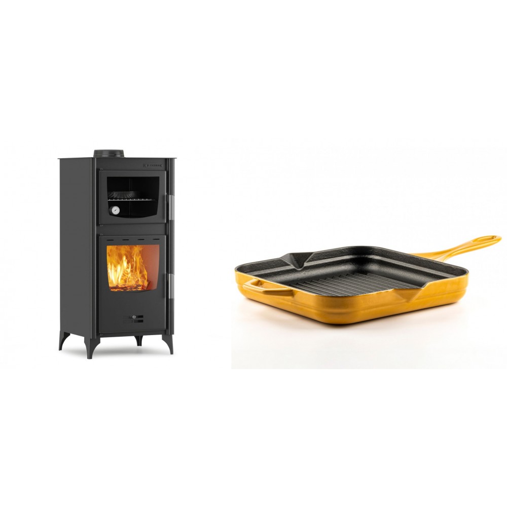 Set Kaminofen, Holzofen mit Backfach Velmora Fire ATS 90-25 ΜΑSΙΝΑ, 12.04kW + Emaillierte grillpfanne Gusseisen Solagio, Dijon, 28х28cm