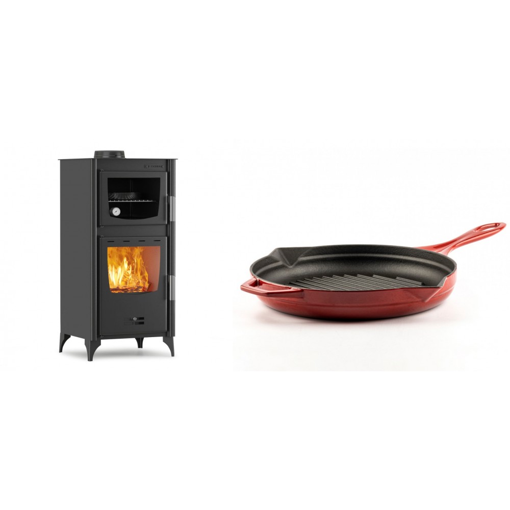 Set Kaminofen, Holzofen mit Backfach Velmora Fire ATS 90-25 ΜΑSΙΝΑ, 12.04kW + Emaillierte grillpfanne Gusseisen Solagio, Rubin, Ф28cm | Holzofen | Kaminofen |