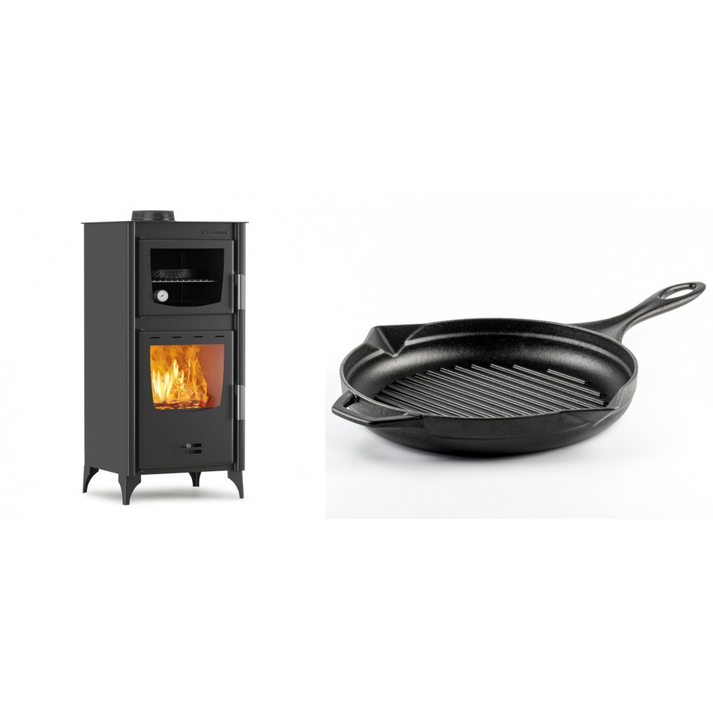 Set Kaminofen, Holzofen mit Backfach Velmora Fire ATS 90-25 ΜΑSΙΝΑ, 12.04kW + Emaillierte grillpfanne Gusseisen Solagio, Black Onyx, Ф28cm