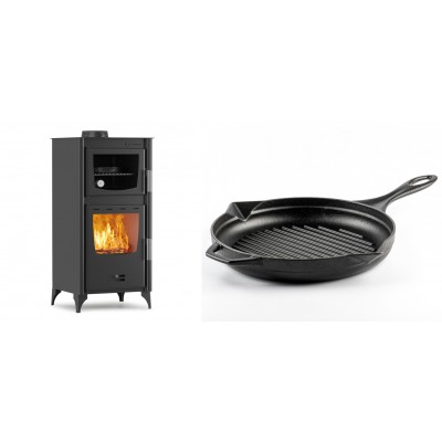 Set Kaminofen, Holzofen mit Backfach Velmora Fire ATS 90-25 ΜΑSΙΝΑ, 12.04kW + Emaillierte grillpfanne Gusseisen Solagio, Black Onyx, Ф28cm - Kaminofen - Holzofen mit Backfach