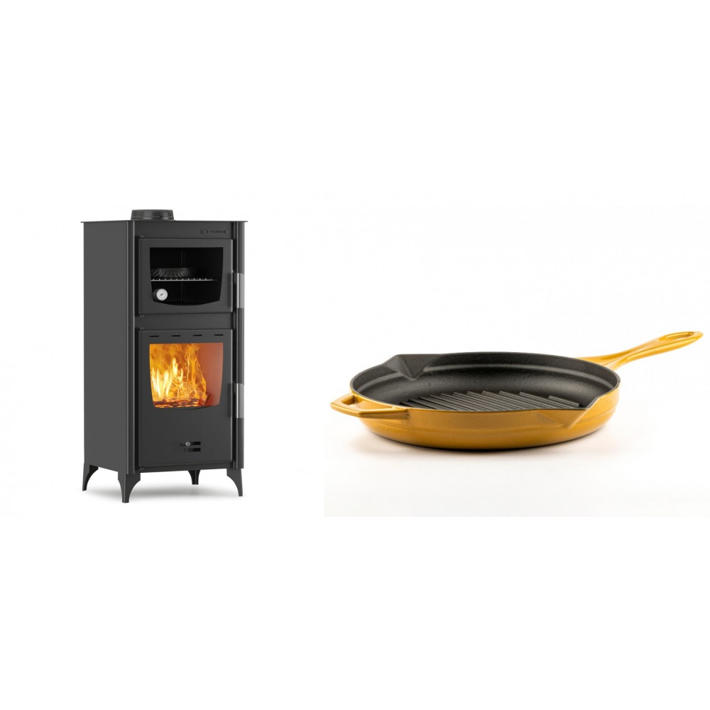 Set Kaminofen, Holzofen mit Backfach Velmora Fire ATS 90-25 ΜΑSΙΝΑ, 12.04kW + Emaillierte grillpfanne Gusseisen Solagio, Dijon, Ф28cm | Holzofen | Kaminofen |