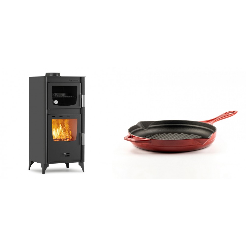 Set Kaminofen, Holzofen mit Backfach Velmora Fire ATS 90-25 ΜΑSΙΝΑ, 12.04kW + Emaillierte grillpfanne Gusseisen Solagio, Rubin, Ф24cm | Holzofen | Kaminofen |