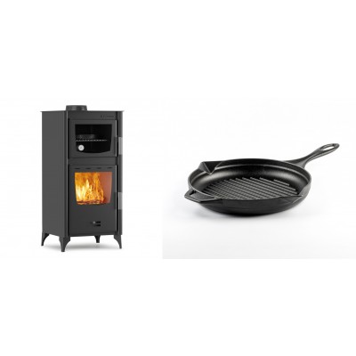 Set Kaminofen, Holzofen mit Backfach Velmora Fire ATS 90-25 ΜΑSΙΝΑ, 12.04kW + Emaillierte grillpfanne Gusseisen Solagio, Black Onyx, Ф24cm - Kaminofen - Holzofen mit Backfach