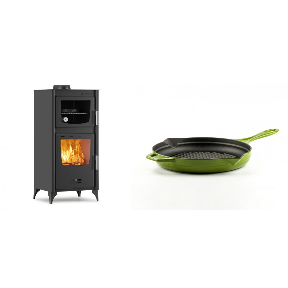 Set Kaminofen, Holzofen mit Backfach Velmora Fire ATS 90-25 ΜΑSΙΝΑ, 12.04kW + Emaillierte grillpfanne Gusseisen Solagio, Bamboo, Ф24cm | Holzofen | Kaminofen |
