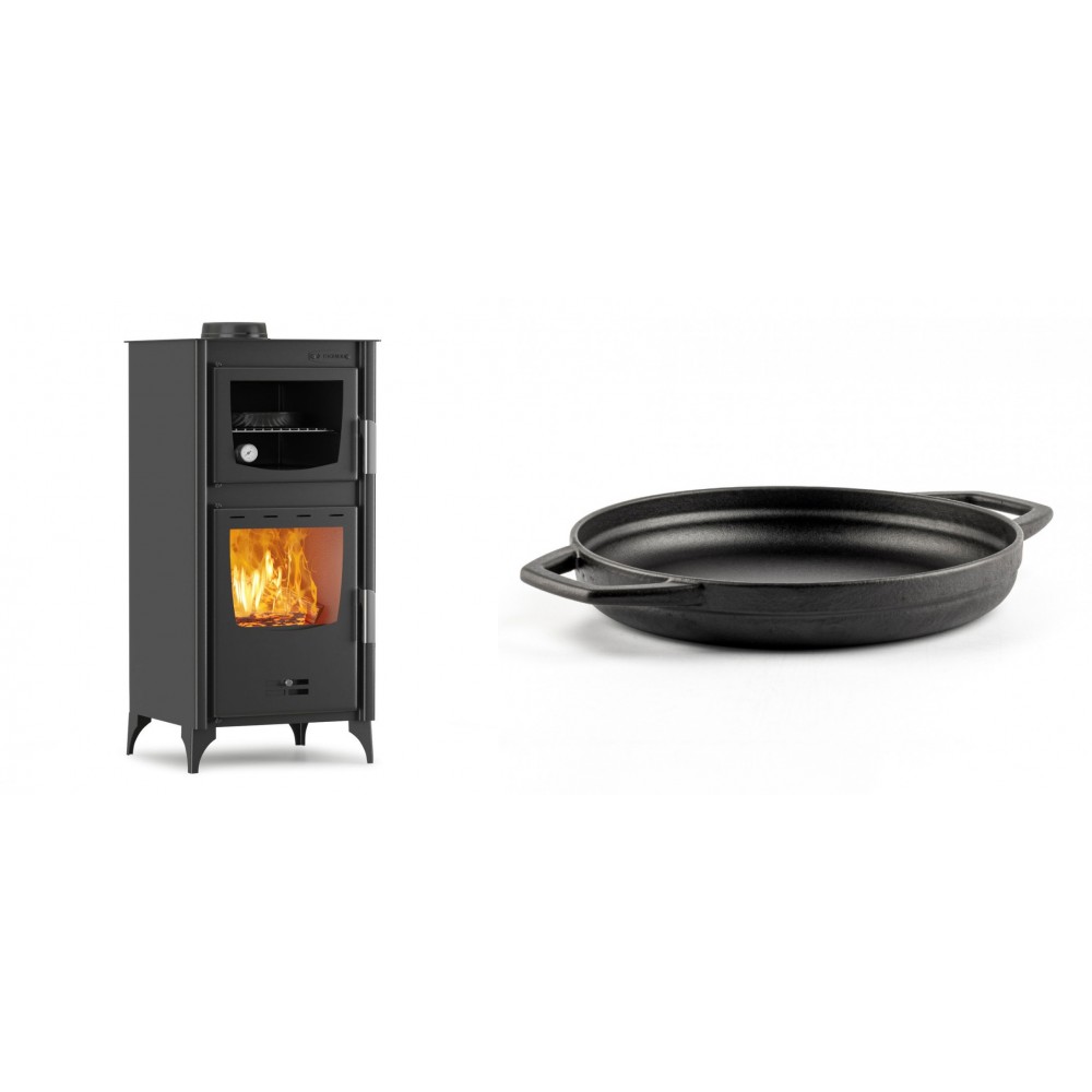 Set Kaminofen, Holzofen mit Backfach Velmora Fire ATS 90-25 ΜΑSΙΝΑ, 12.04kW + Emaillierte gusseisenpfanne mit zwei Griffen Solagio, Black Onyx, Ф22cm