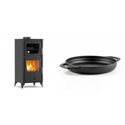 Set Kaminofen, Holzofen mit Backfach Velmora Fire ATS 90-25 ΜΑSΙΝΑ, 12.04kW + Emaillierte gusseisenpfanne mit zwei Griffen Solagio, Black Onyx, Ф22cm - Kaminofen - Holzofen mit Backfach