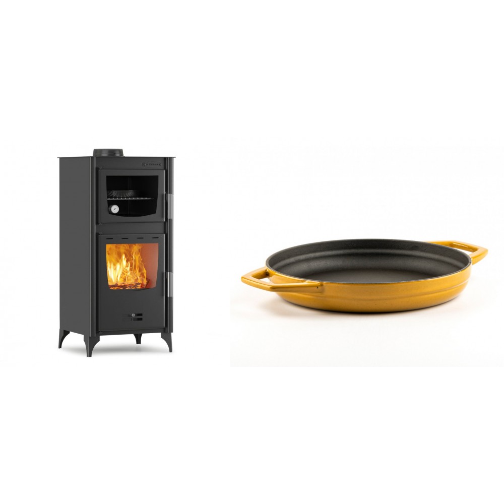 Set Kaminofen, Holzofen mit Backfach Velmora Fire ATS 90-25 ΜΑSΙΝΑ, 12.04kW + Emaillierte gusseisenpfanne mit zwei Griffen Solagio, Dijon, Ф22cm