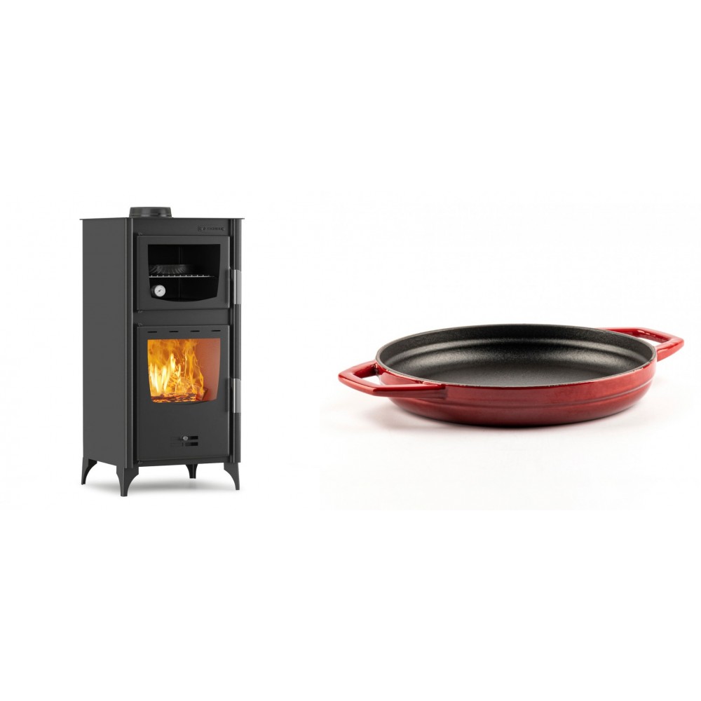 Set Kaminofen, Holzofen mit Backfach Velmora Fire ATS 90-25 ΜΑSΙΝΑ, 12.04kW + Emaillierte gusseisenpfanne mit zwei Griffen Solagio, Rubin, Ф22cm | Holzofen | Kaminofen |