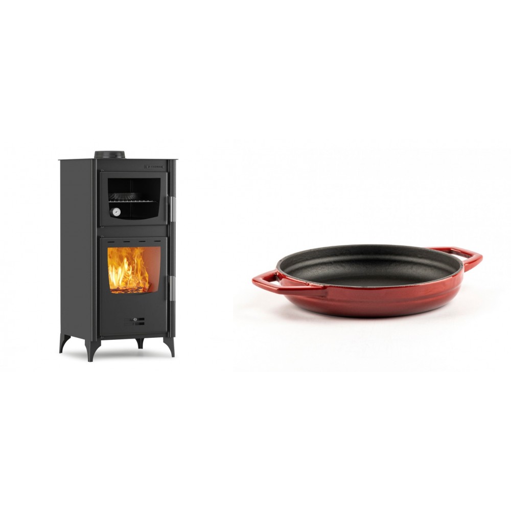 Set Kaminofen, Holzofen mit Backfach Velmora Fire ATS 90-25 ΜΑSΙΝΑ, 12.04kW + Emaillierte gusseisenpfanne mit zwei Griffen Solagio, Rubin, Ф19cm