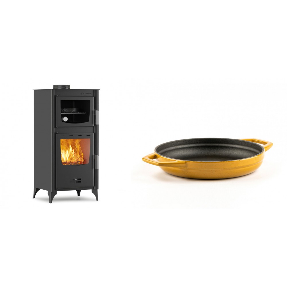 Set Kaminofen, Holzofen mit Backfach Velmora Fire ATS 90-25 ΜΑSΙΝΑ, 12.04kW + Emaillierte gusseisenpfanne mit zwei Griffen Solagio, Dijon, Ф19cm | Holzofen | Kaminofen |