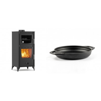 Set Kaminofen, Holzofen mit Backfach Velmora Fire ATS 90-25 ΜΑSΙΝΑ, 12.04kW + Emaillierte gusseisenpfanne mit zwei Griffen Solagio, Black Onyx, Ф19cm - Kaminofen - Holzofen mit Backfach