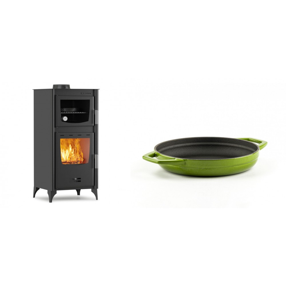Set Kaminofen, Holzofen mit Backfach Velmora Fire ATS 90-25 ΜΑSΙΝΑ, 12.04kW + Emaillierte gusseisenpfanne mit zwei Griffen Solagio, Bamboo, Ф19cm
