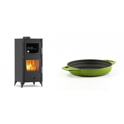 Set Kaminofen, Holzofen mit Backfach Velmora Fire ATS 90-25 ΜΑSΙΝΑ, 12.04kW + Emaillierte gusseisenpfanne mit zwei Griffen Solagio, Bamboo, Ф19cm - Kaminofen - Holzofen mit Backfach