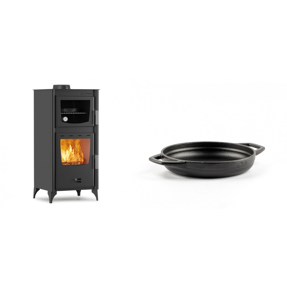 Set Kaminofen, Holzofen mit Backfach Velmora Fire ATS 90-25 ΜΑSΙΝΑ, 12.04kW + Emaillierte gusseisenpfanne mit zwei Griffen Solagio, Black Onyx, Ф16cm