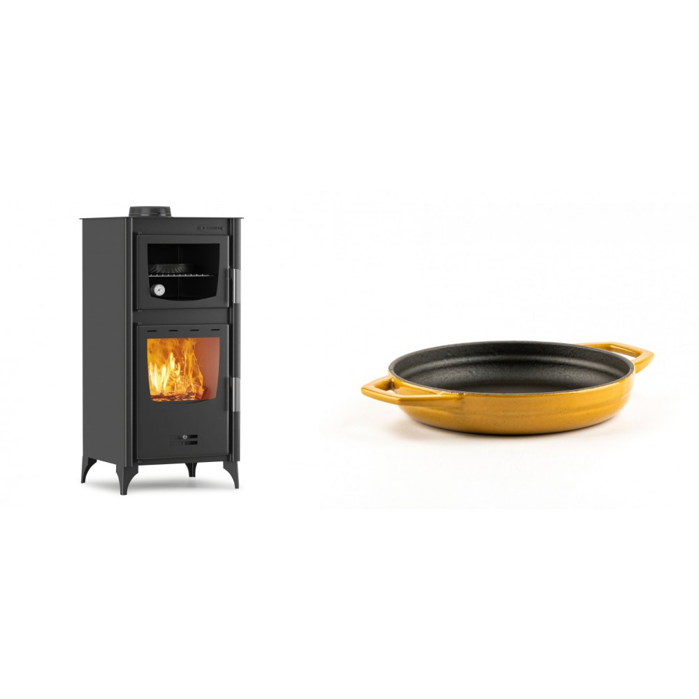 Set Kaminofen, Holzofen mit Backfach Velmora Fire ATS 90-25 ΜΑSΙΝΑ, 12.04kW + Emaillierte gusseisenpfanne mit zwei Griffen Solagio, Dijon, Ф16cm
