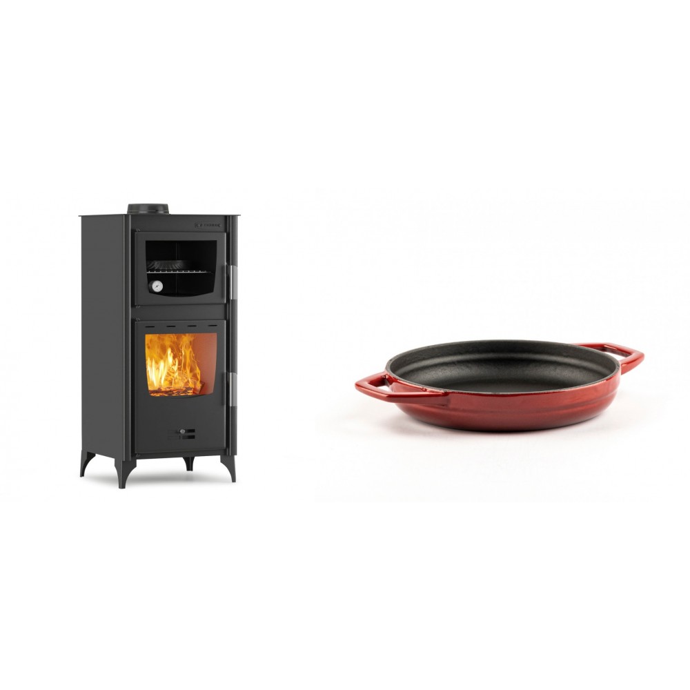 Set Kaminofen, Holzofen mit Backfach Velmora Fire ATS 90-25 ΜΑSΙΝΑ, 12.04kW + Emaillierte gusseisenpfanne mit zwei Griffen Solagio, Rubin, Ф16cm | Holzofen | Kaminofen |