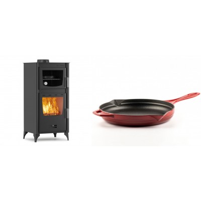 Set Kaminofen, Holzofen mit Backfach Velmora Fire ATS 90-25 ΜΑSΙΝΑ, 12.04kW + Emaillierte Gusseisenpfanne Solagio, Rubin, Ф28cm - Kaminofen - Holzofen mit Backfach
