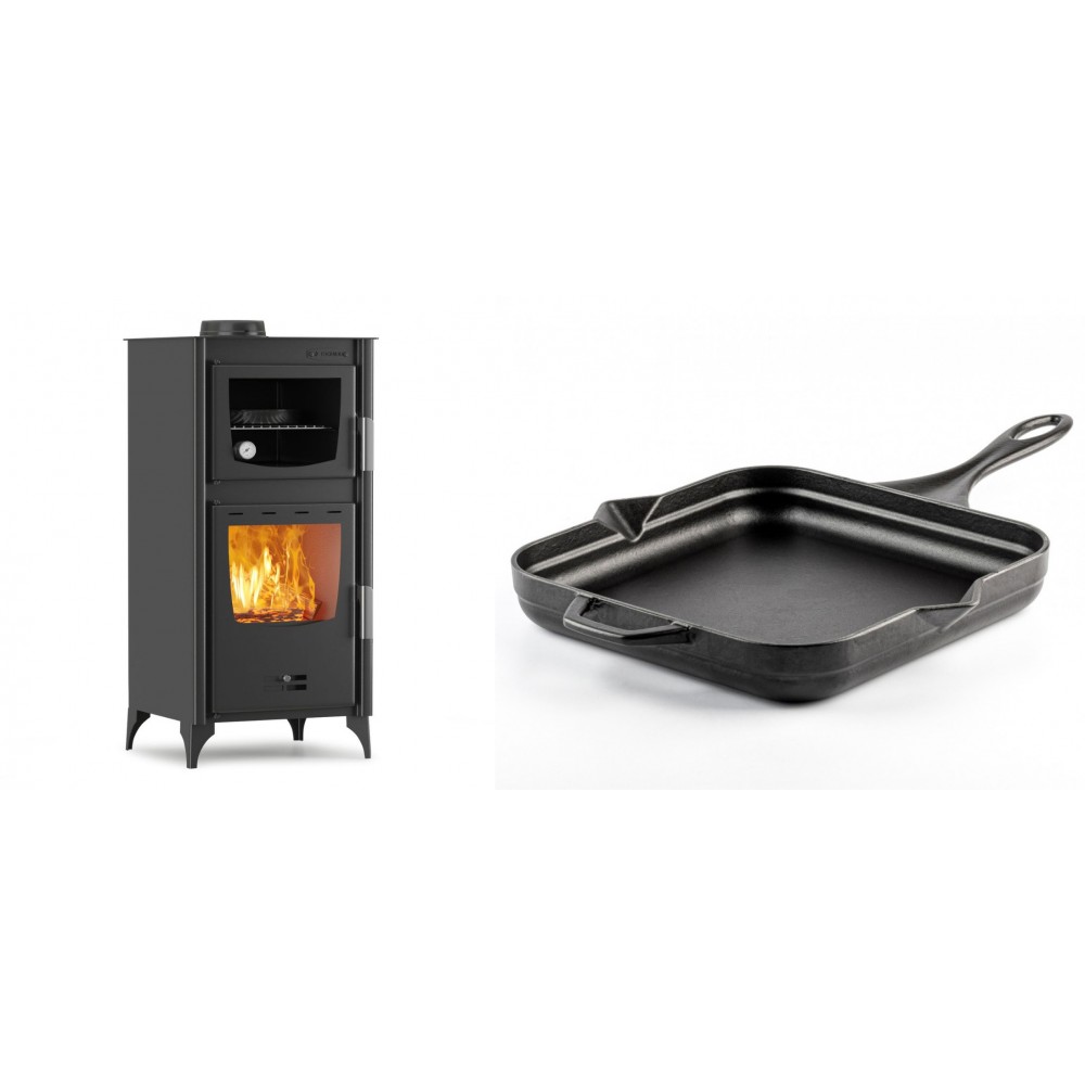 Set Kaminofen, Holzofen mit Backfach Velmora Fire ATS 90-25 ΜΑSΙΝΑ, 12.04kW + Emaillierte Gusseisenpfanne Solagio, Black Onyx, 28x28cm
