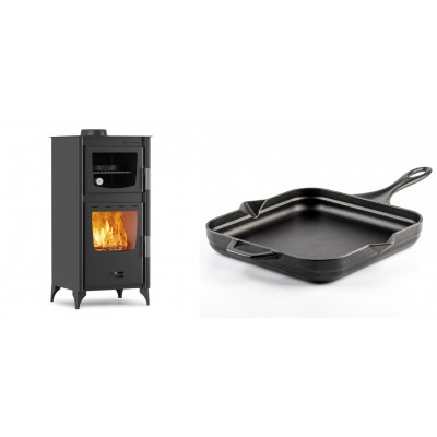 Set Kaminofen, Holzofen mit Backfach Velmora Fire ATS 90-25 ΜΑSΙΝΑ, 12.04kW + Emaillierte Gusseisenpfanne Solagio, Black Onyx, 28x28cm - Kaminofen - Holzofen mit Backfach