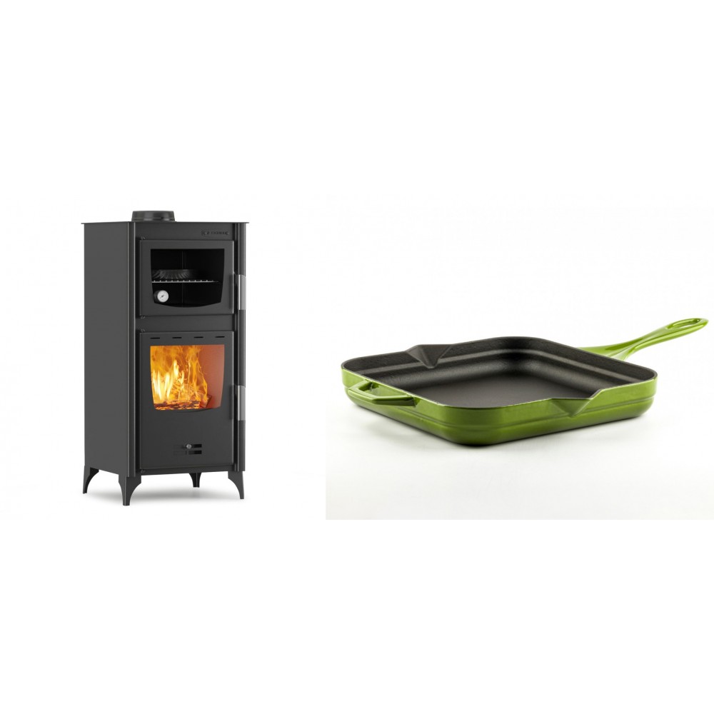 Set Kaminofen, Holzofen mit Backfach Velmora Fire ATS 90-25 ΜΑSΙΝΑ, 12.04kW + Emaillierte Gusseisenpfanne Solagio, Bamboo, 28x28cm
