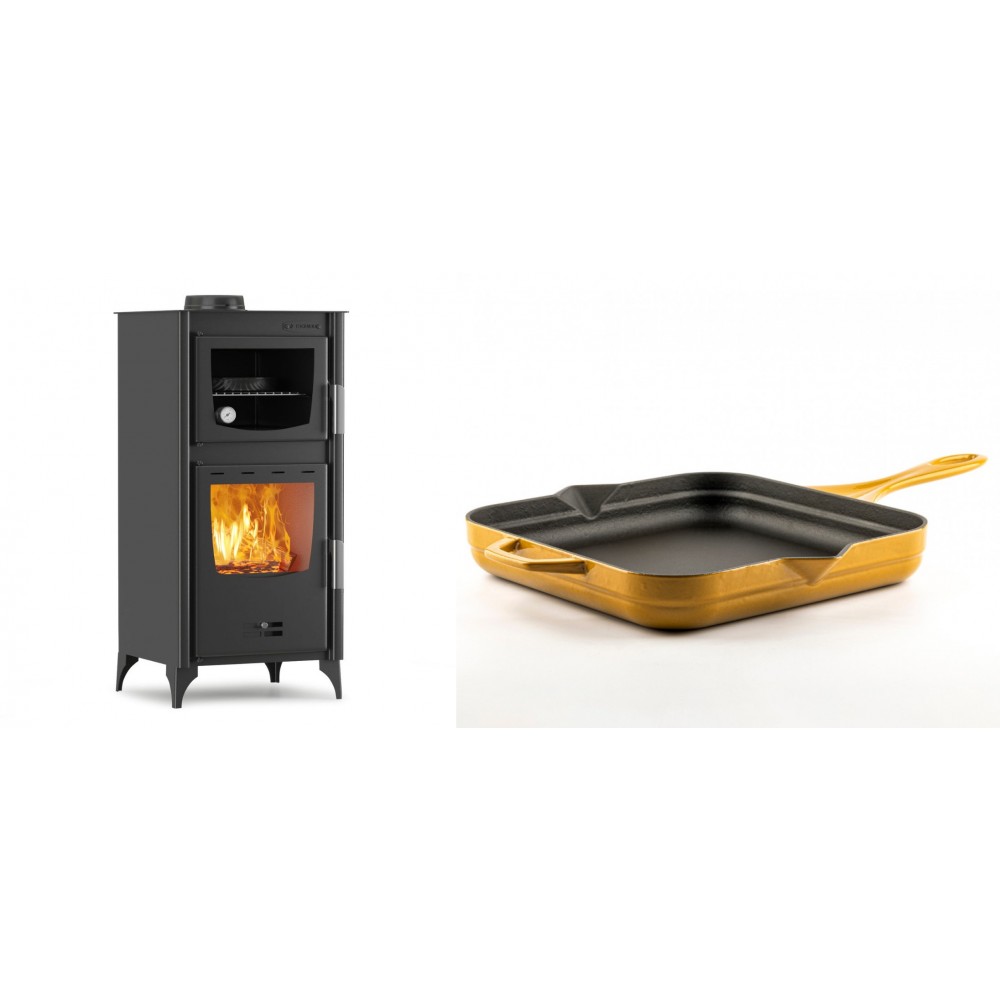 Set Kaminofen, Holzofen mit Backfach Velmora Fire ATS 90-25 ΜΑSΙΝΑ, 12.04kW + Emaillierte Gusseisenpfanne Solagio, Dijon, 28x28cm