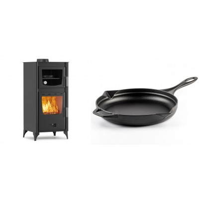 Set Kaminofen, Holzofen mit Backfach Velmora Fire ATS 90-25 ΜΑSΙΝΑ, 12.04kW + Emaillierte Gusseisenpfanne Solagio, Black Onyx, Ф28cm - Kaminofen - Holzofen mit Backfach