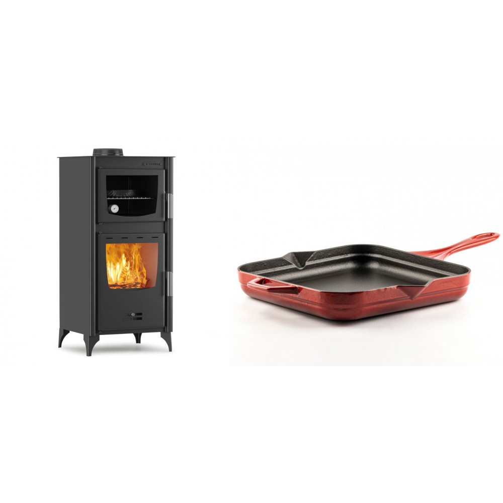 Set Kaminofen, Holzofen mit Backfach Velmora Fire ATS 90-25 ΜΑSΙΝΑ, 12.04kW + Emaillierte Gusseisenpfanne Solagio, Rubin, 28x28cm