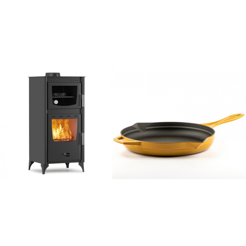 Set Kaminofen, Holzofen mit Backfach Velmora Fire ATS 90-25 ΜΑSΙΝΑ, 12.04kW + Emaillierte Gusseisenpfanne Solagio, Dijon, Ф28cm | Holzofen | Kaminofen |
