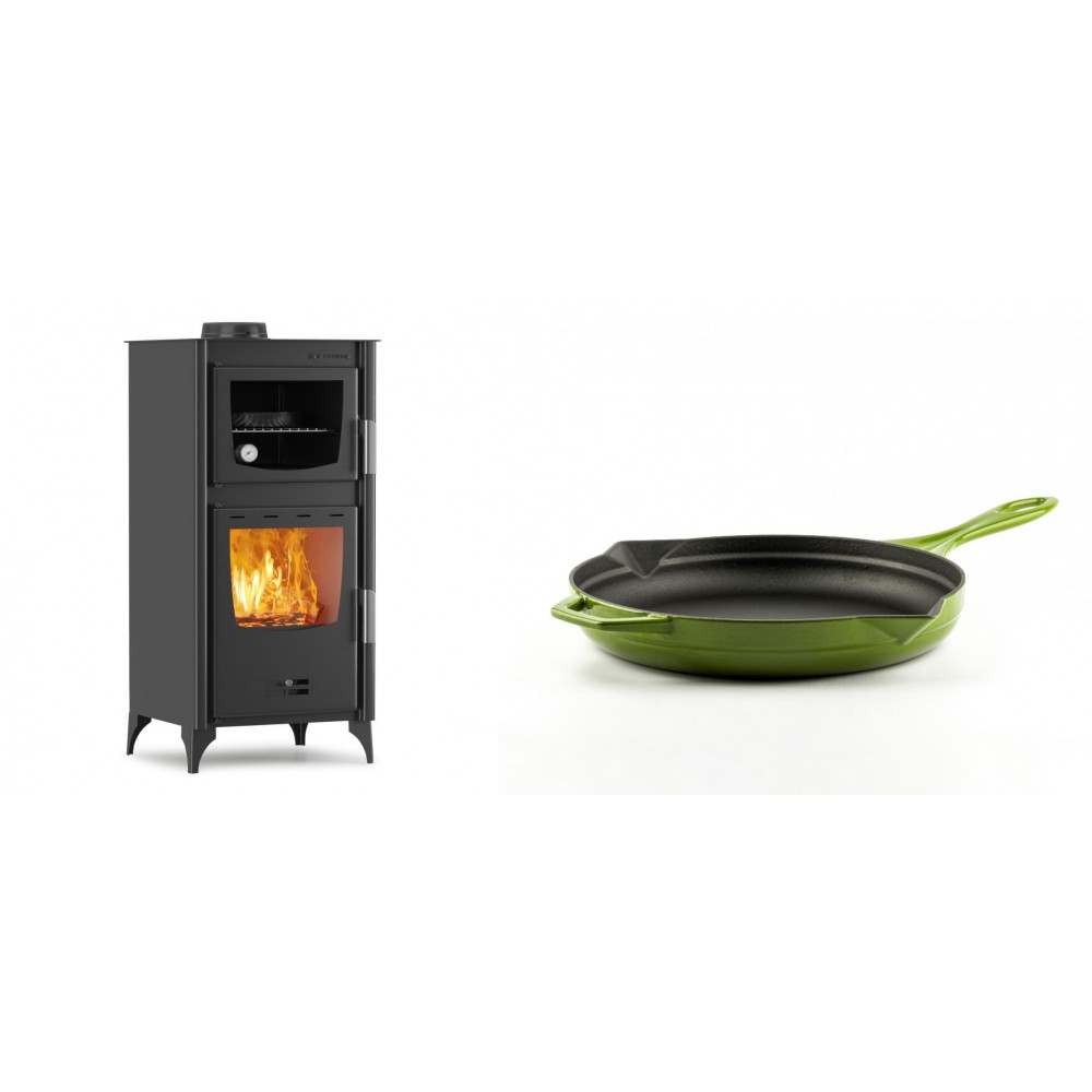 Set Kaminofen, Holzofen mit Backfach Velmora Fire ATS 90-25 ΜΑSΙΝΑ, 12.04kW + Emaillierte Gusseisenpfanne Solagio, Bamboo, Ф24cm